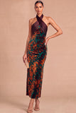 Dark Green Sheath Halter Velvet Long Formal Dress