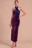 Dark Green Sheath Halter Velvet Long Formal Dress