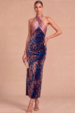 Dark Green Sheath Halter Velvet Long Formal Dress