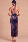 Dark Green Sheath Halter Velvet Long Formal Dress