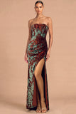 Dark Green Sheath Strapless Ruched Long Formal Dress with Slit