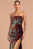 Dark Green Sheath Strapless Ruched Long Formal Dress with Slit