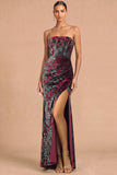 Dark Green Sheath Strapless Ruched Long Formal Dress with Slit