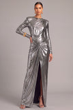 Silver Metallic Mermaid Round Neck Ruched Long Formal Dress with Slit
