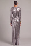 Silver Metallic Mermaid Round Neck Ruched Long Formal Dress with Slit