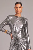 Silver Metallic Mermaid Round Neck Ruched Long Formal Dress with Slit