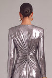 Silver Metallic Mermaid Round Neck Ruched Long Formal Dress with Slit