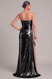 Silver Metallic Strapless Mermaid Ruched Long Formal Dress with Slit
