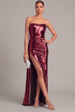 Silver Metallic Strapless Mermaid Ruched Long Formal Dress with Slit