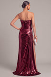 Silver Metallic Strapless Mermaid Ruched Long Formal Dress with Slit