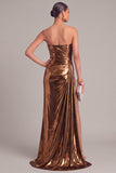 Silver Metallic Strapless Mermaid Ruched Long Formal Dress with Slit