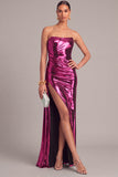 Silver Metallic Strapless Mermaid Ruched Long Formal Dress with Slit
