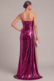 Silver Metallic Strapless Mermaid Ruched Long Formal Dress with Slit