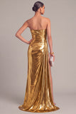 Silver Metallic Strapless Mermaid Ruched Long Formal Dress with Slit