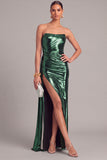 Silver Metallic Strapless Mermaid Ruched Long Formal Dress with Slit