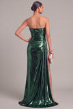 Silver Metallic Strapless Mermaid Ruched Long Formal Dress with Slit