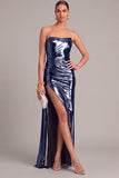 Silver Metallic Strapless Mermaid Ruched Long Formal Dress with Slit
