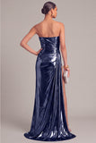 Silver Metallic Strapless Mermaid Ruched Long Formal Dress with Slit