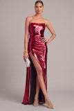 Silver Metallic Strapless Mermaid Ruched Long Formal Dress with Slit