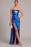 Silver Metallic Strapless Mermaid Ruched Long Formal Dress with Slit