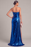 Silver Metallic Strapless Mermaid Ruched Long Formal Dress with Slit