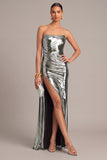 Silver Metallic Strapless Mermaid Ruched Long Formal Dress with Slit