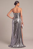 Silver Metallic Strapless Mermaid Ruched Long Formal Dress with Slit
