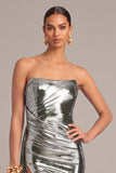 Silver Metallic Strapless Mermaid Ruched Long Formal Dress with Slit