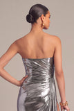 Silver Metallic Strapless Mermaid Ruched Long Formal Dress with Slit