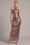 Bronze Metallic Sheath Halter Ruched Long Formal Dress