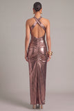 Bronze Metallic Sheath Halter Ruched Long Formal Dress