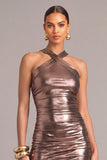 Bronze Metallic Sheath Halter Ruched Long Formal Dress
