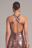 Bronze Metallic Sheath Halter Ruched Long Formal Dress