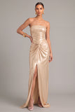 Golden Yellow Metallic Mermiad Strapless Ruched Long Formal Dress with Slit