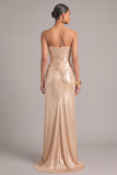 Golden Yellow Metallic Mermiad Strapless Ruched Long Formal Dress with Slit