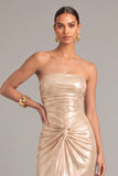 Golden Yellow Metallic Mermiad Strapless Ruched Long Formal Dress with Slit