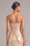 Golden Yellow Metallic Mermiad Strapless Ruched Long Formal Dress with Slit