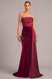 Dark Red Strapless Mermaid Ruched Long Formal Dress with Cape