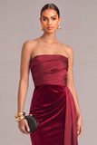 Dark Red Strapless Mermaid Ruched Long Formal Dress with Cape