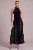 Black Velvet High Neck A-Line Long Formal Dress with Lace