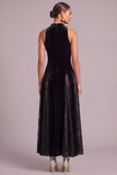 Black Velvet High Neck A-Line Long Formal Dress with Lace
