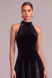 Black Velvet High Neck A-Line Long Formal Dress with Lace