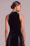 Black Velvet High Neck A-Line Long Formal Dress with Lace
