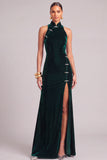 Dark Green Velvet Mermaid High Neck Long Formal Dress with Slit