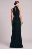 Dark Green Velvet Mermaid High Neck Long Formal Dress with Slit