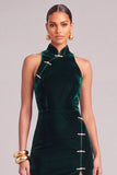 Dark Green Velvet Mermaid High Neck Long Formal Dress with Slit