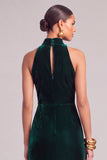 Dark Green Velvet Mermaid High Neck Long Formal Dress with Slit