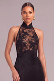 Black Mermaid Halter Lace Backless Long Formal Dress