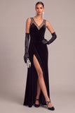 Black Mermaid V-Neck Velvet Long Formal Dress with Slit