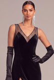 Black Mermaid V-Neck Velvet Long Formal Dress with Slit